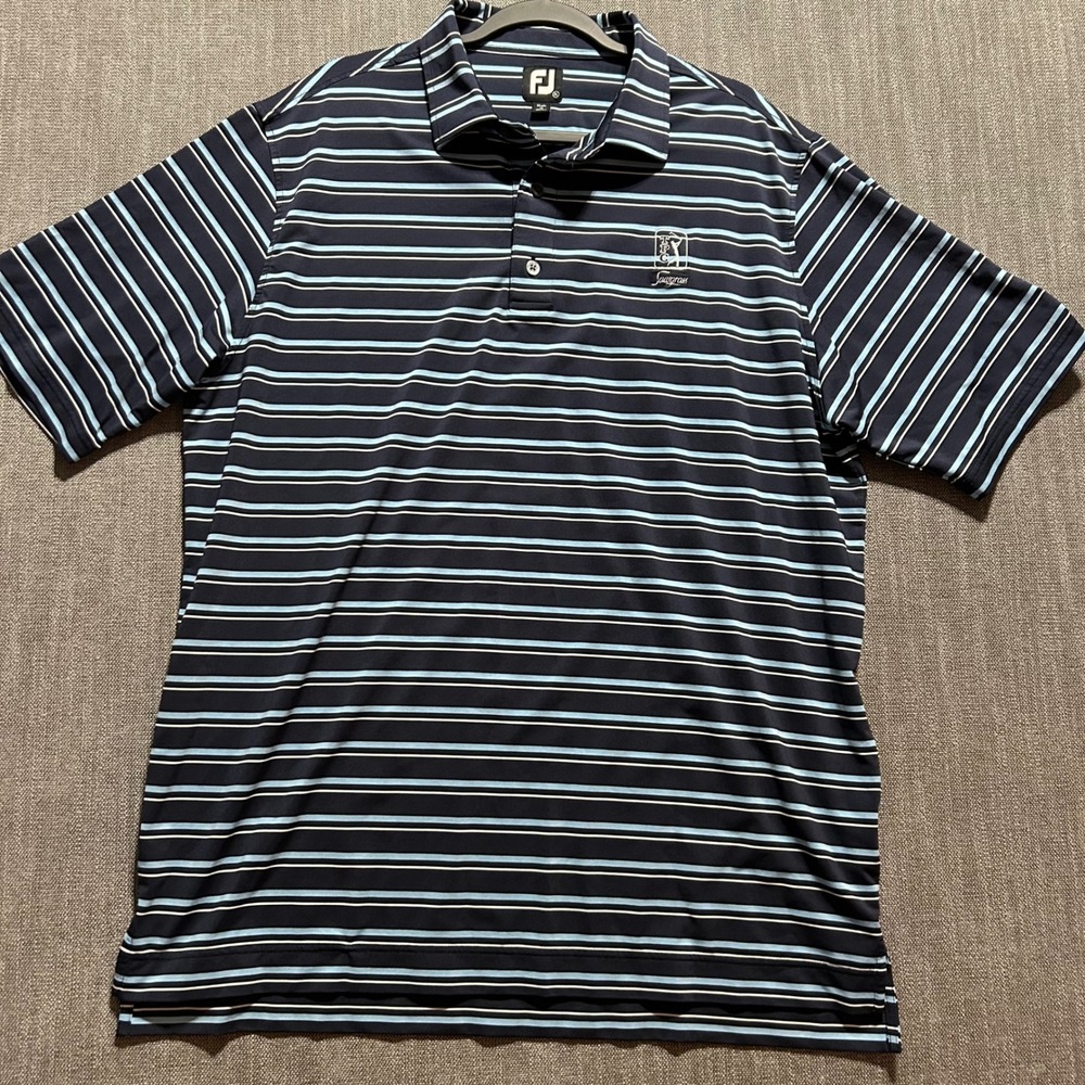 FootJoy TPC Sawgrass Mens XL Golf Polo Shirt Navy Blue Striped Performance FJ